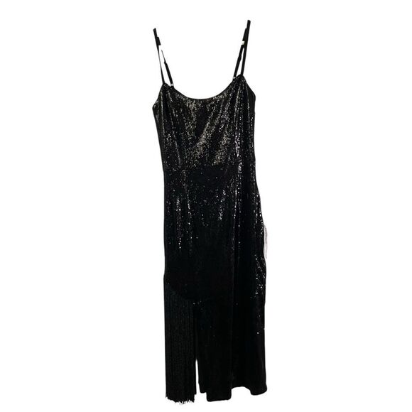 Dress the Population Black Rory Sleeveless Sequin Dress With Fringe Small Midi - Picture 2 of 11